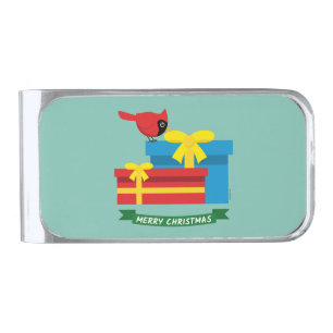 Cute Red Cardinal Opening A Blue Gift Silver Finish Money Clip