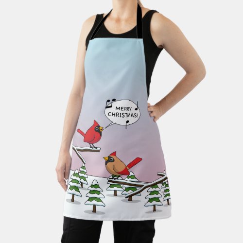 Cute Red Cardinal Singing Merry Christmas Apron