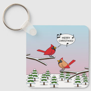 Cute Red Cardinal Singing Merry Christmas Keychain