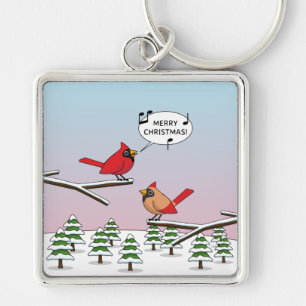 Cute Red Cardinal Singing Merry Christmas Keychain