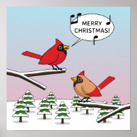 Cute Red Cardinal Singing Merry Christmas