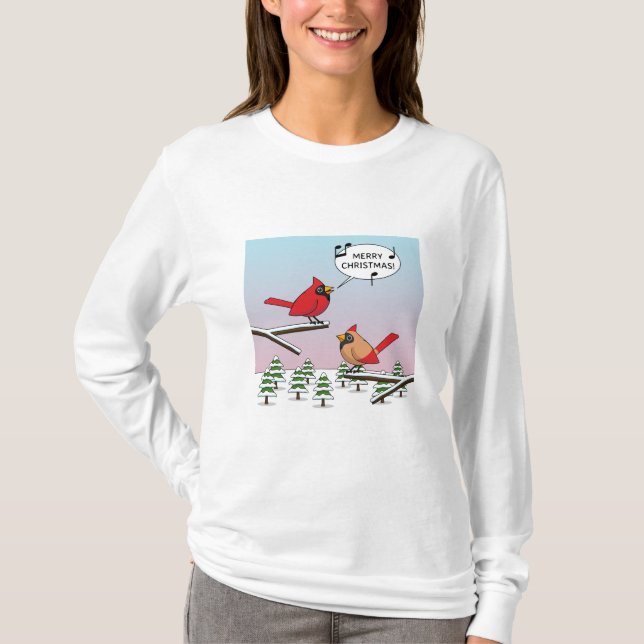 Cute Red Cardinal Singing Merry Christmas T-Shirt (Front)