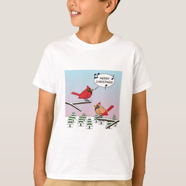 Cute Red Cardinal Singing Merry Christmas T-Shirt (Front)