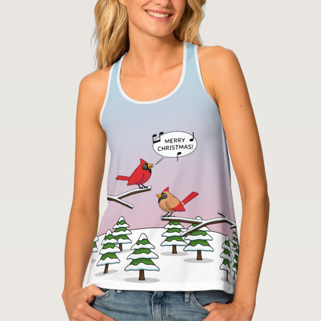 Cute Red Cardinal Singing Merry Christmas Tank Top (Front)