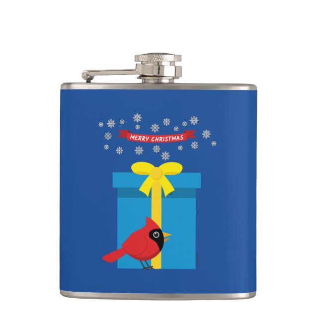 Cute Red Cardinal With Blue Gift Flask (Front)