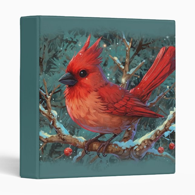 Cute Red Cardinal with Winter Red Berries 3 Ring Binder (Front/Spine)