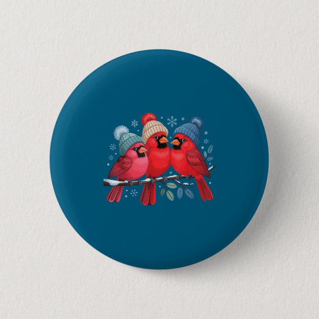 Cute Red Cardinals With Knitted Hats Winter Bird A Button (Front)