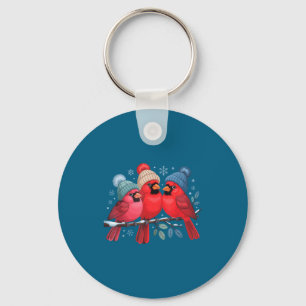 Cute Red Cardinals With Knitted Hats Winter Bird A Keychain