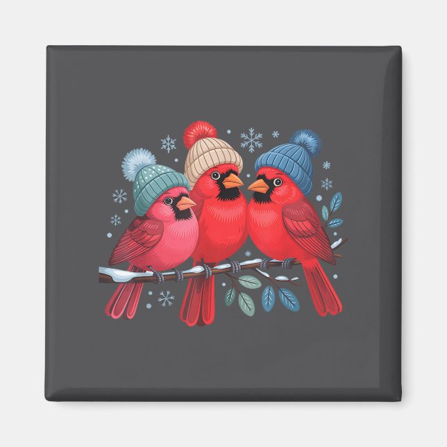 Cute Red Cardinals With Knitted Hats Winter Bird A Magnet (Front)