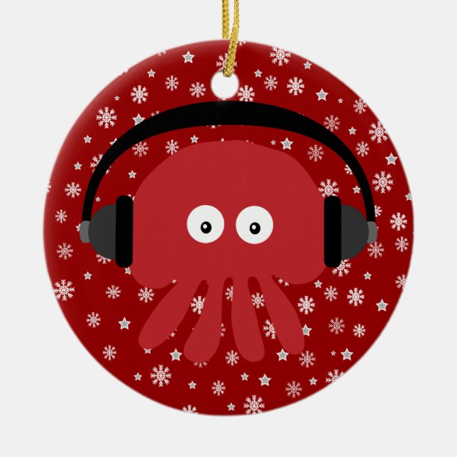 Cute Red Cartoon DJ Jellyfish & Snowflakes Ceramic Ornament (Front)