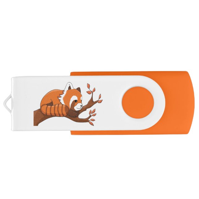 Cute Red Cartoon Panda on Tree Branch Flash Drive (Back)