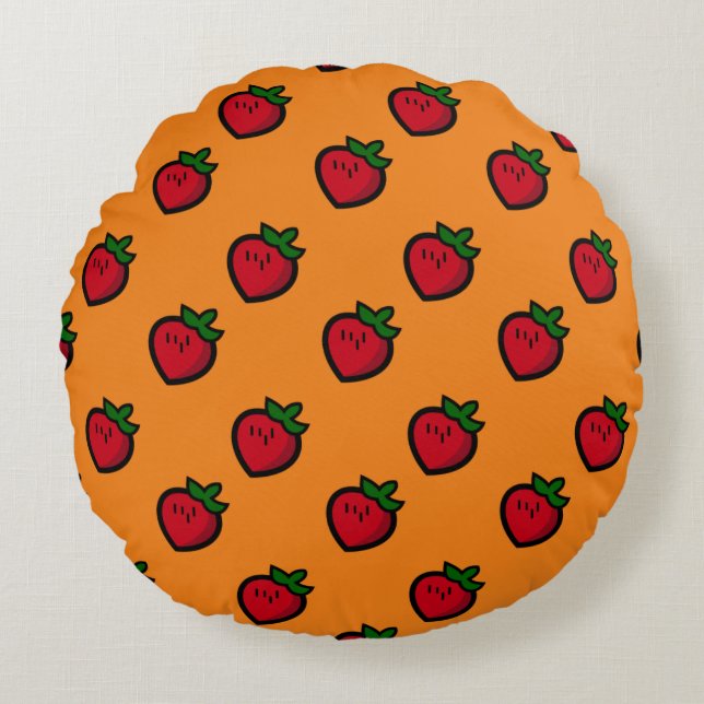 Cute Red Cartoon Strawberries for Vegetarians Round Pillow (Front)