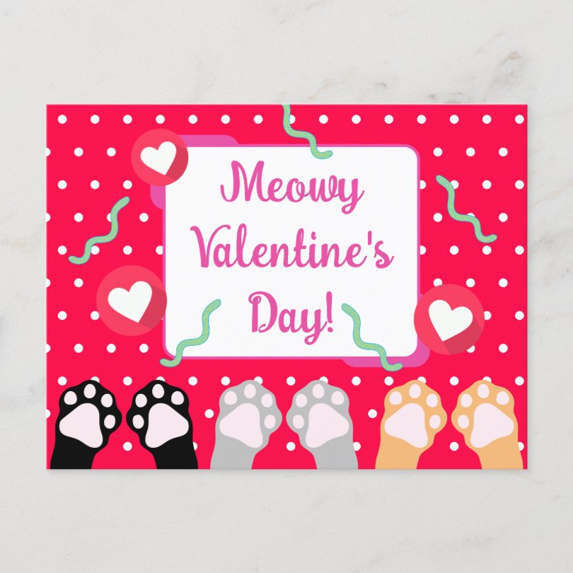 Cute Red Cat Paws Up Happy Valentines Day Holiday Postcard