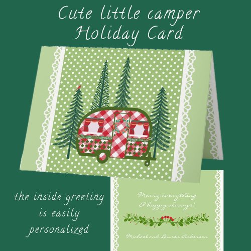 Cute Red Checked Camper Trailer and Pine Trees Holiday Card