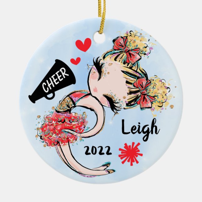 Cute Red Cheerleader Girl Ornament Blonde Hair (Front)