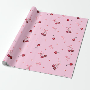 Cute Red Cherries Bows Hearts on Pink Wrapping Paper