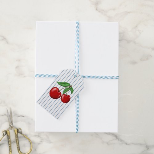 Cute Red Cherries Fruit on Blue Stripes Design Gift Tags