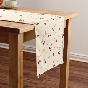 Cute Red Cherries Hearts Bows on Cream Short Table Runner