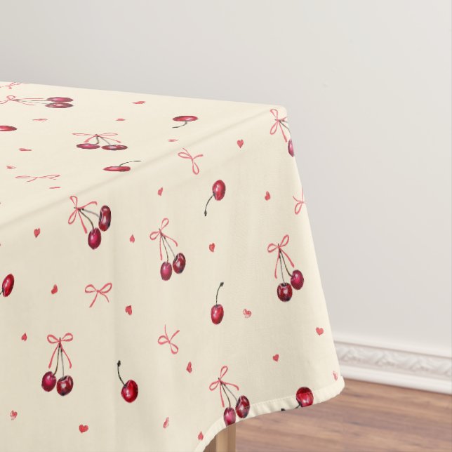 Cute Red Cherries Hearts Bows on Cream Tablecloth (In Situ)