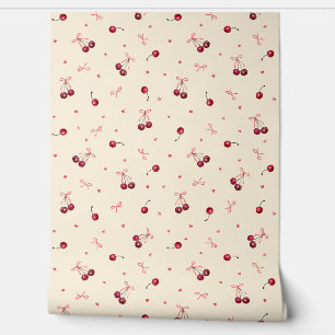 Cute Red Cherries Hearts Bows on Cream Wallpaper