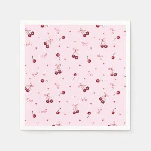 Cute Red Cherries Hearts Bows on Pink Napkins