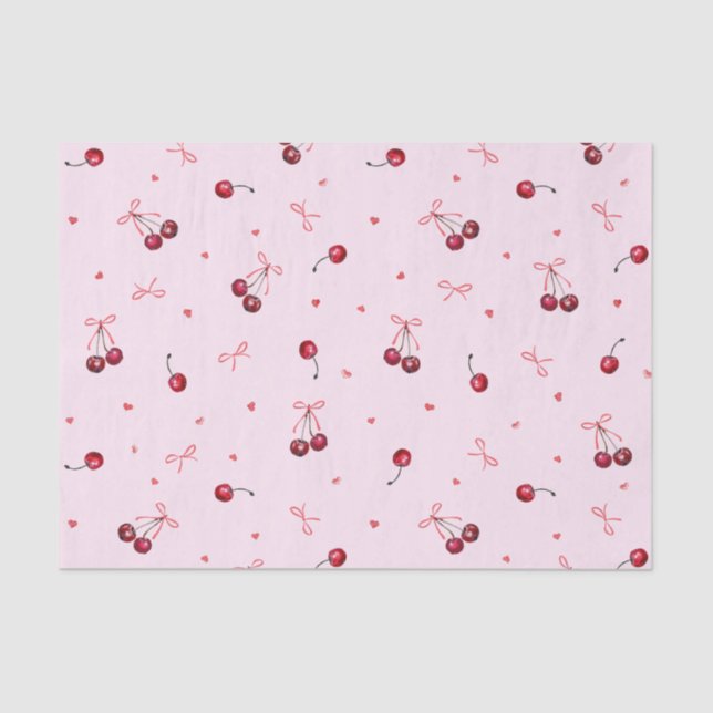 Cute Red Cherries Hearts Bows on Pink Tissue Paper (Front)