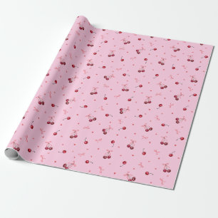 Cute Red Cherries Hearts Bows on Pink Wrapping Paper