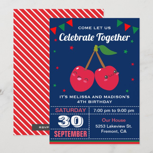 Cute Red Cherries Twins Birthday Party Invitation (Front/Back)