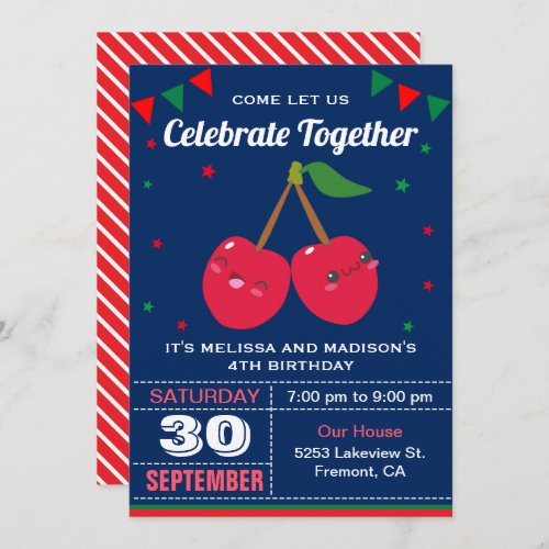 Cute Red Cherries Twins Birthday Party Invitation