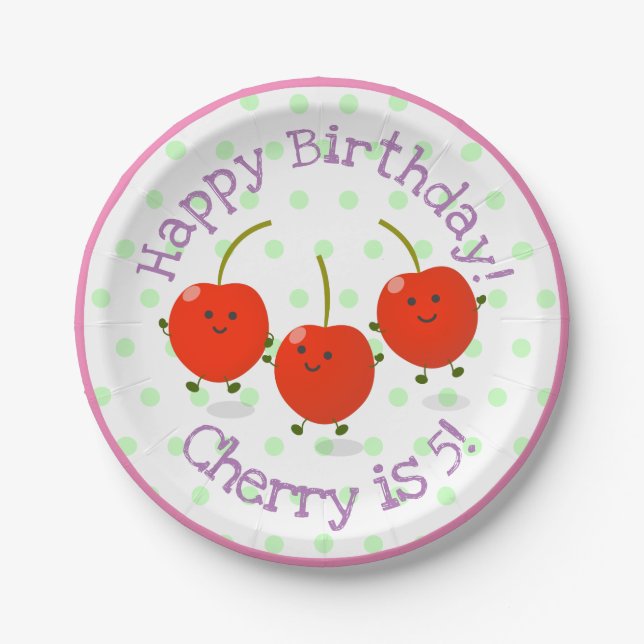 Cute red cherry friends cartoon illustration paper plates (Front)