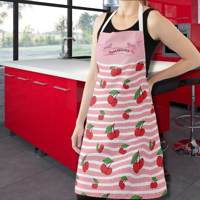 Cute Red Cherry Fruit Design Personalized Name  Apron (Creator Uploaded)