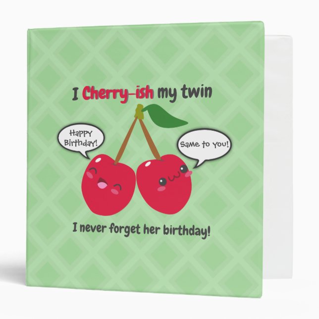 Cute Red Cherry Kawaii Twins Birthday 3 Ring Binder (Front/Inside)
