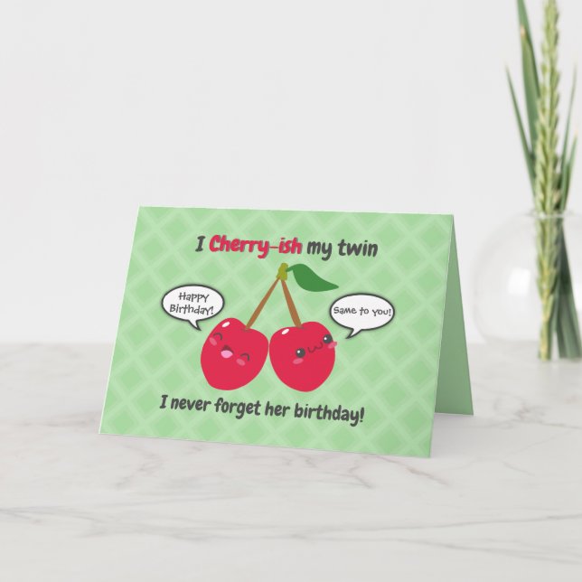 Cute Red Cherry Kawaii Twins Birthday Card (Front)