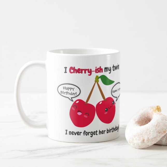 Cute Red Cherry Kawaii Twins Birthday Coffee Mug (With Donut)
