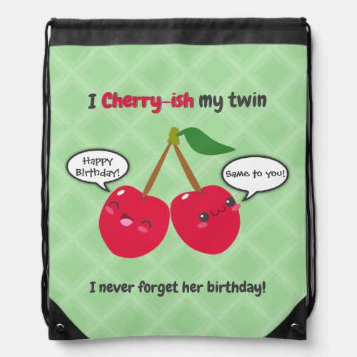 Cute Red Cherry Kawaii Twins Birthday Drawstring Bag