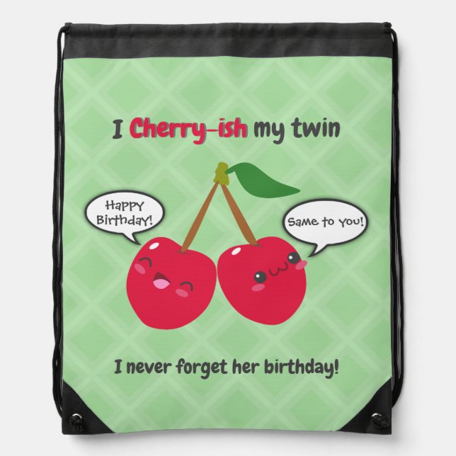Cute Red Cherry Kawaii Twins Birthday Drawstring Bag (Front)