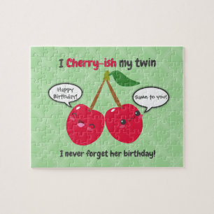 Cute Red Cherry Kawaii Twins Birthday Jigsaw Puzzle