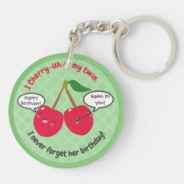 Cute Red Cherry Kawaii Twins Birthday Keychain (Back)