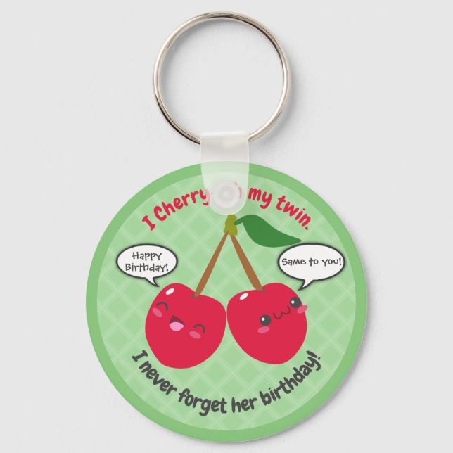 Cute Red Cherry Kawaii Twins Birthday Keychain (Front)