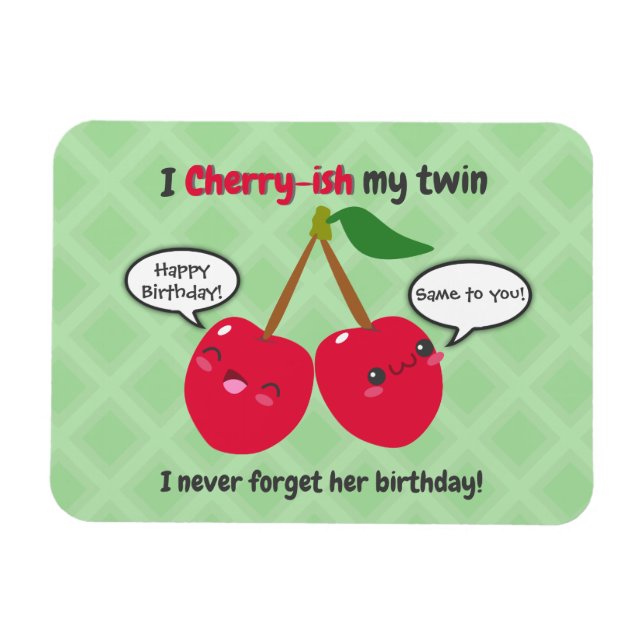 Cute Red Cherry Kawaii Twins Birthday Magnet (Horizontal)