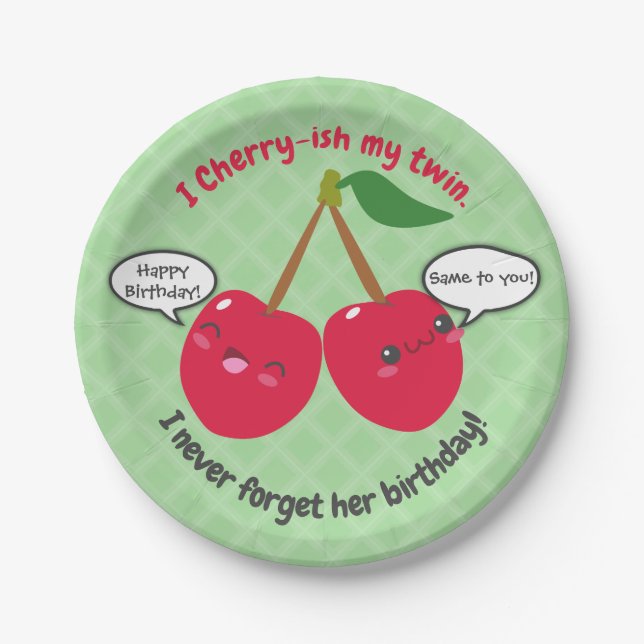 Cute Red Cherry Kawaii Twins Birthday Paper Plates (Front)