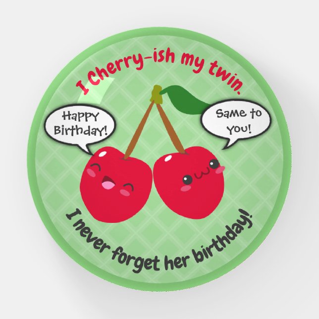 Cute Red Cherry Kawaii Twins Birthday Paperweight (Front)