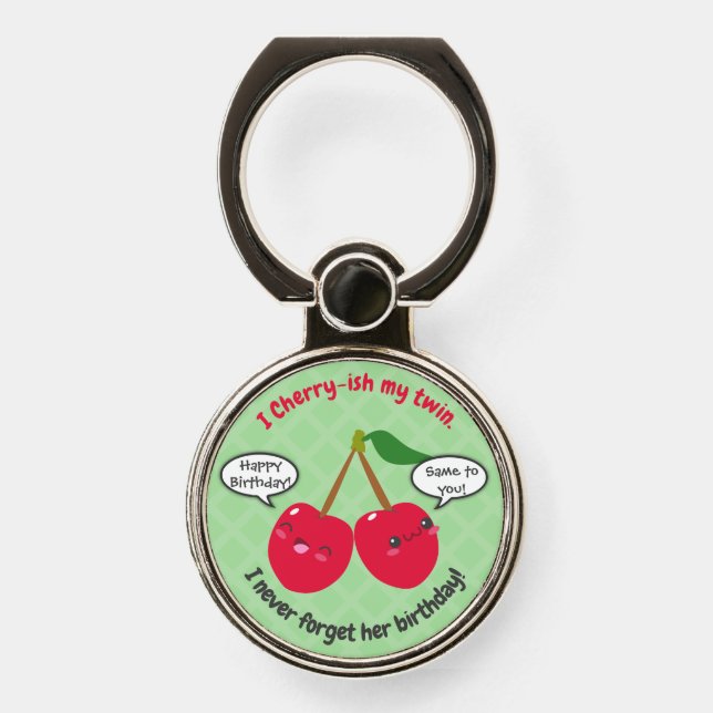 Cute Red Cherry Kawaii Twins Birthday Phone Ring Stand (Front)