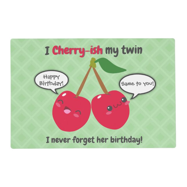 Cute Red Cherry Kawaii Twins Birthday Placemat (Front)