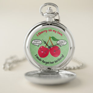 Cute Red Cherry Kawaii Twins Birthday Pocket Watch