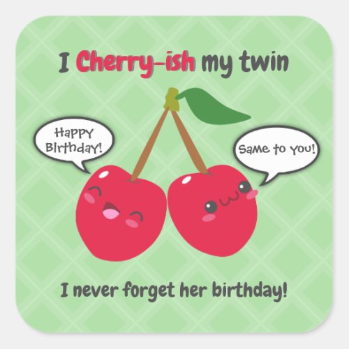 Cute Red Cherry Kawaii Twins Birthday Square Sticker