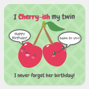 Cute Red Cherry Kawaii Twins Birthday Square Sticker