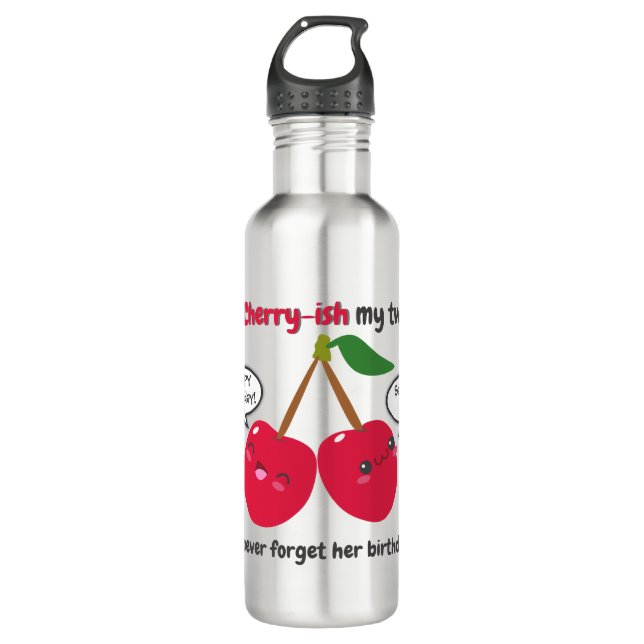 Cute Red Cherry Kawaii Twins Birthday Stainless Steel Water Bottle (Front)