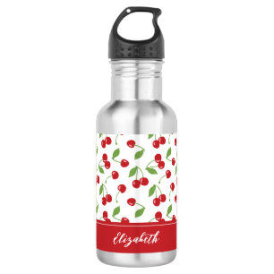 Cute Red Cherry Pattern Monogram Name Stainless Steel Water Bottle
