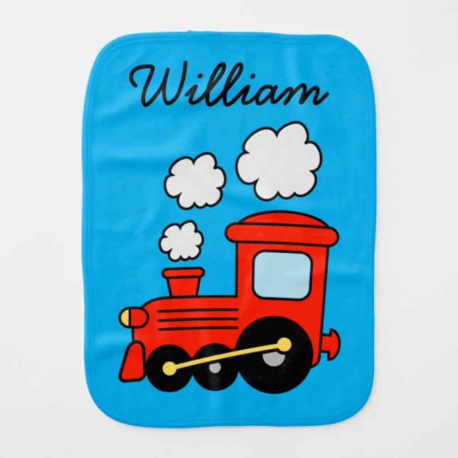 Cute red choo choo train locomotive custom name baby burp cloth (Front)